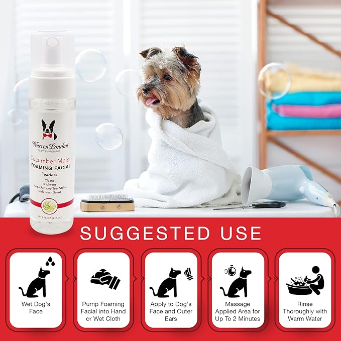 Warren London Foaming Pet Facial – Tear Free Dog Face Wash & Tear Stain Remover | Gentle Puppy & Dog Face Shampoo | Cucumber Melon Scent | Made in USA | 1 Gallon Refill