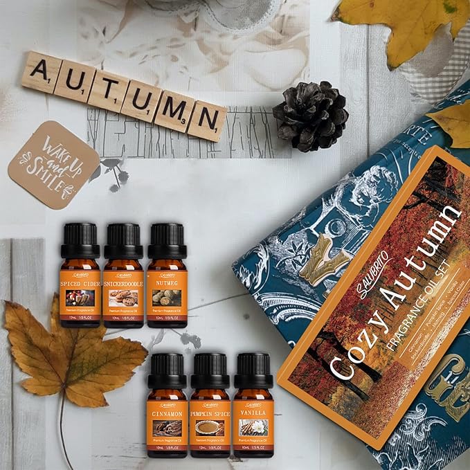 SALUBRITO Fall Fragrance Oils Set, Autumn Essential Oil for Diffuser, Candle Making, Aromatherapy Oils Gift - Cinnamon, Pumpkin Spice, Vanilla, Snickerdoodle, Spiced Cider, Nutmeg, 6x10ml