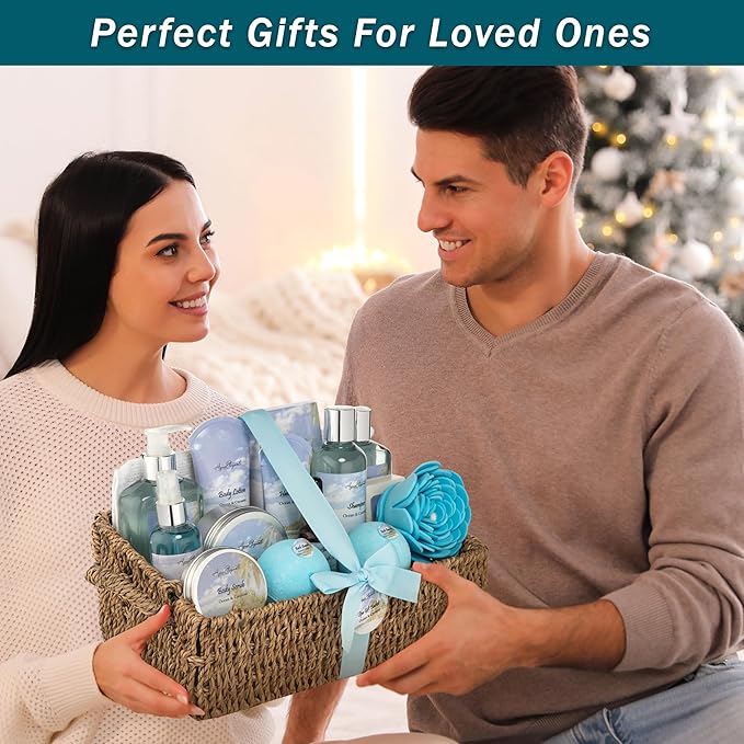 Bath Spa Gift Sets - Luxury Basket With Ocean & Coconut - Spa Kit Includes Wash, Bubble Bath, Lotion, Bath Salts, Body Scrub, Shower Puff, Bathbombs, Soap and Towel