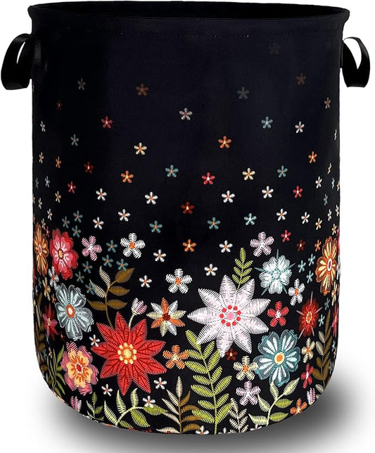 Cute Colorful Floral Laundry Basket Foldable Flowers Laundry Hamper With Handle Oxford Cloth Portable Clothes Storage Organizer Basket 18.9"x16.5" Laundry Bag For Laundry Room/Bedroom/Bathrooms