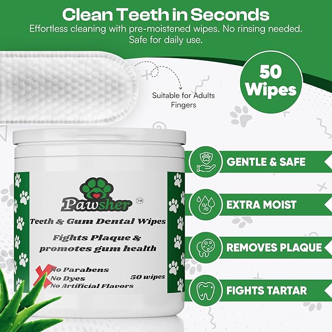 Dog Teeth Cleaning Wipes - Natural Coconut Oil & Aloe - Dental Wipes for Dogs - No-Rinse Pet Dental Finger Wipes - 50 Count