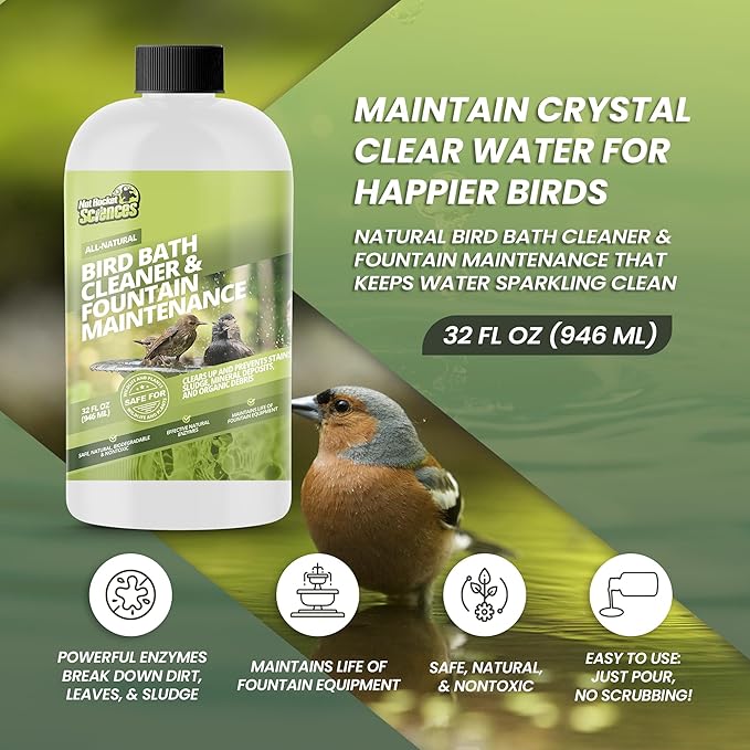 32oz Bird Bath Cleaner, Cleans 160 Gallons of Water, Ideal Fountain Cleaner Safe for Birds, Bird Bath Fountains Clarifier, Liquid Birdbath and Fountain Maintenance, Promotes Clean & Clear Water