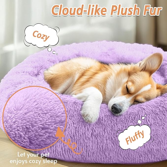 JOLLYVOGUE Small Dog & Cat Beds for Indoor Cats, Donut Cuddler Warming Soft Dog Beds with Anti-Slip Bottom, Round Calming Fluffy Plush Faux Fur Cushion Bed for Small Dogs (20", Purple)