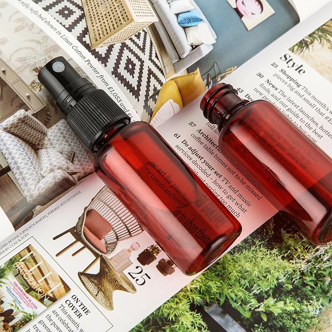 60PCS 1 oz Plastic Amber Spray Bottle, Empty Small Amber Spray Bottle with Sticker and Funnel, Refillable Mini Mister Spray Bottle for Essential Oils, Bath & Cleaning