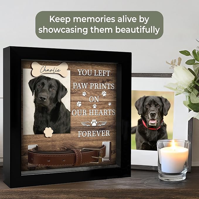 2-Sided Pet Memorial Frame with Collar Holder, Pet Memorial Ornament, Dog Cat Sympathy Card, Loss of Dog Paw Print Keychain, Remembrance Gift for Cat Lovers, Favorite Hello Hardest Goodbye PF225