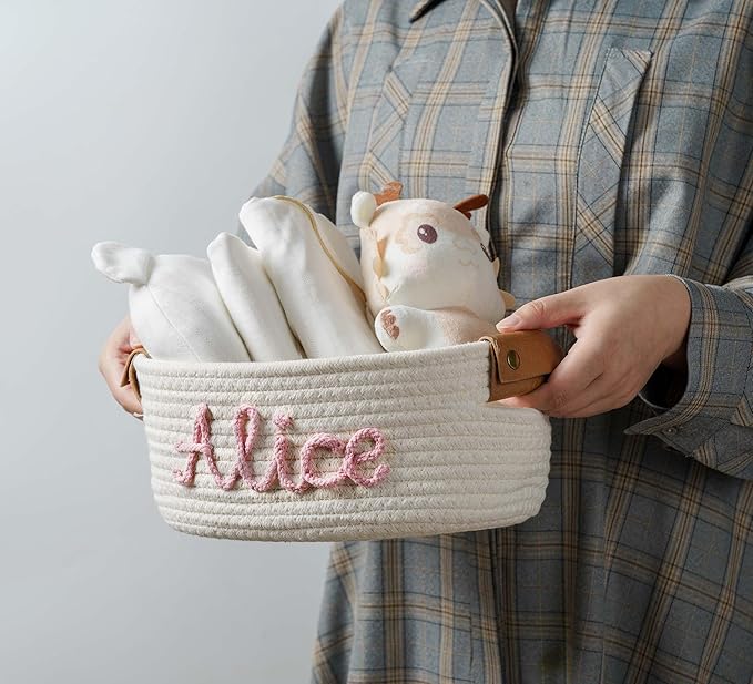 Personalized Baby Gift Basket, Custom Baby Shower Basket Gift, Customize Baby Name Basket Newborn Baby Gift Set Baby Diaper Caddy Nursery Storage (Style 1)