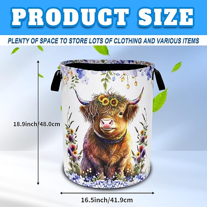 Highland Cow Laundry Basket Oxford Cloth Cattle Flowers Laundry Hamper With Handle Foldable Portable Clothes Storage Basket 18.9 X 16.5 Inch Storage Bag For Laundry Room/Bathroom/Bedroom/Dormitories