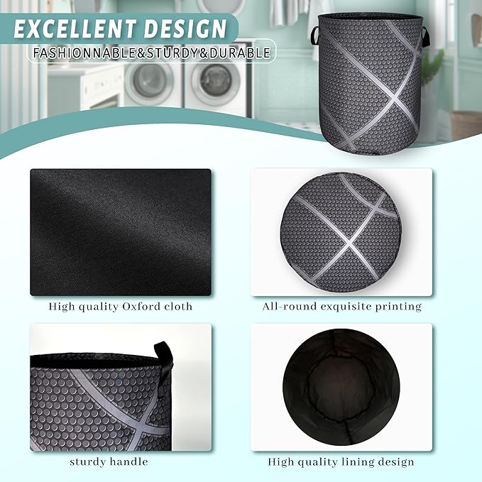 Basketball Grey Texture Laundry Hamper With Handles Foldable Oxford Cloth Tote Bag Cool Sports Theme Laundry Basket Clothes Toy Storage Bucket 18.9" x 16.5" For Bathroom/Laundry/Bedroom