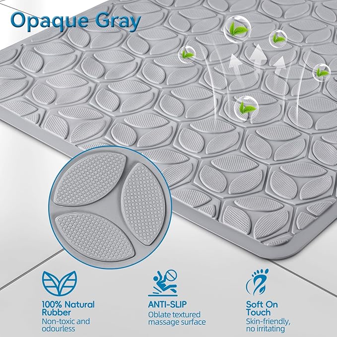 WRISIN Bathtub Mat Non Slip with Suction Cups - 100% Rubber Bathroom Mat Textured for Bath Tub Shower Safety - Soft on Touch - BPA/PVC Free - Pet Dog Bath Mat - Machine Washable - 16 × 28 Inch（Gray）