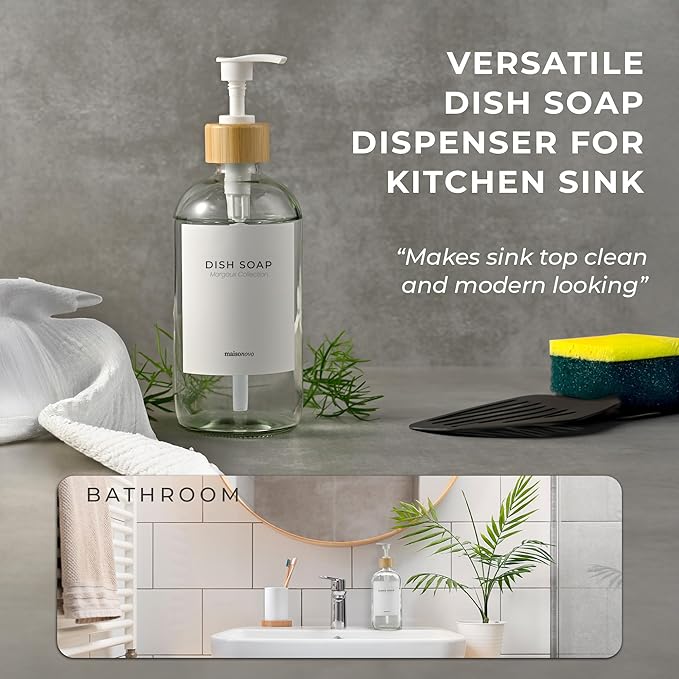 MaisoNovo Glass Hand Soap Dispenser | Dish Soap Dispenser for Kitchen | 16.9oz Clear Bottles with White Bamboo Pump | Bathroom Lotion Dispenser