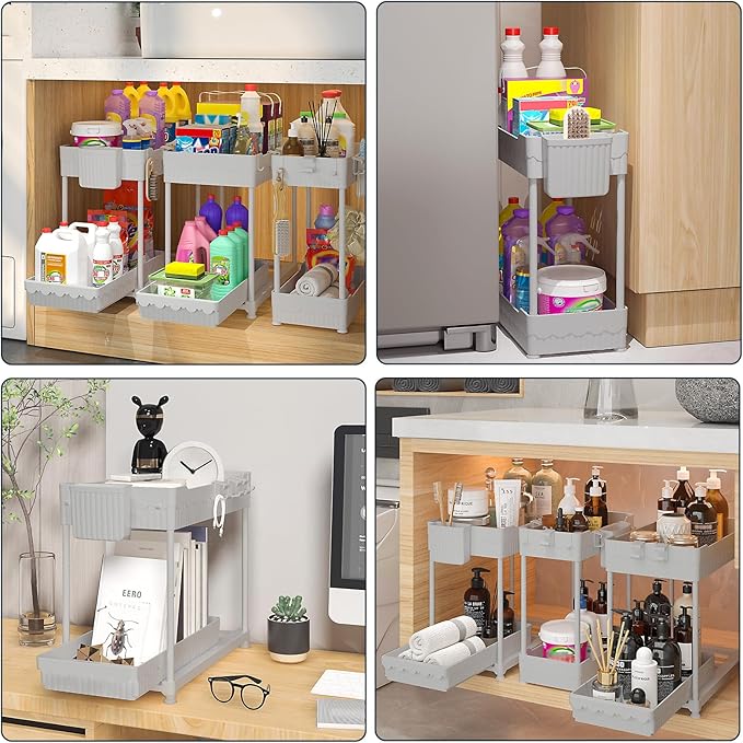 3 Pack Under Sink Organizers, 2-Tier Multi-Use Kitchen and Bathroom Organizers and Storage with Sliding Drawers，Bathroom Cabinet Organizer (Gray, 12.8 Inch)
