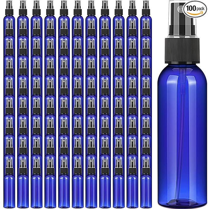 100 Pack 2 Oz Plastic Mini Spray Bottles with Refillable Mist Sprayer for Travel and Household Use for Perfume Essential Oils Cleaning(Blue)