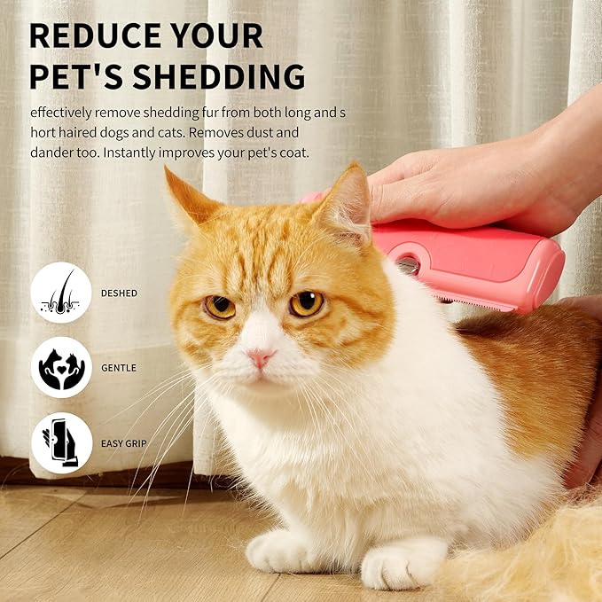 Cat & Dog Deshedding Brush – Pink Gentle Pet Hair Remover Comb for Shedding, Comfortable Grip, Easy Clean Grooming Tool for Long & Short Hair