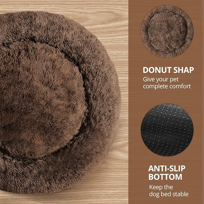 JOLLYVOGUE Small Dog & Cat Beds for Indoor Cats, Donut Cuddler Warming Soft Dog Beds with Anti-Slip Bottom, Round Calming Fluffy Plush Faux Fur Cushion Bed for Medium Dogs (27", Coffee)