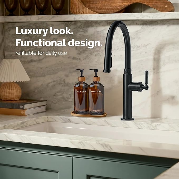 Vine Creations Amber Glass Soap Dispenser Set, Hand Soap and Dish Soap Dispenser Set with Bamboo Tray, 16 oz Glass Dispensers Bottle for Kitchen and Bathroom Decor Modern Boho with Bamboo Pump (Amber)