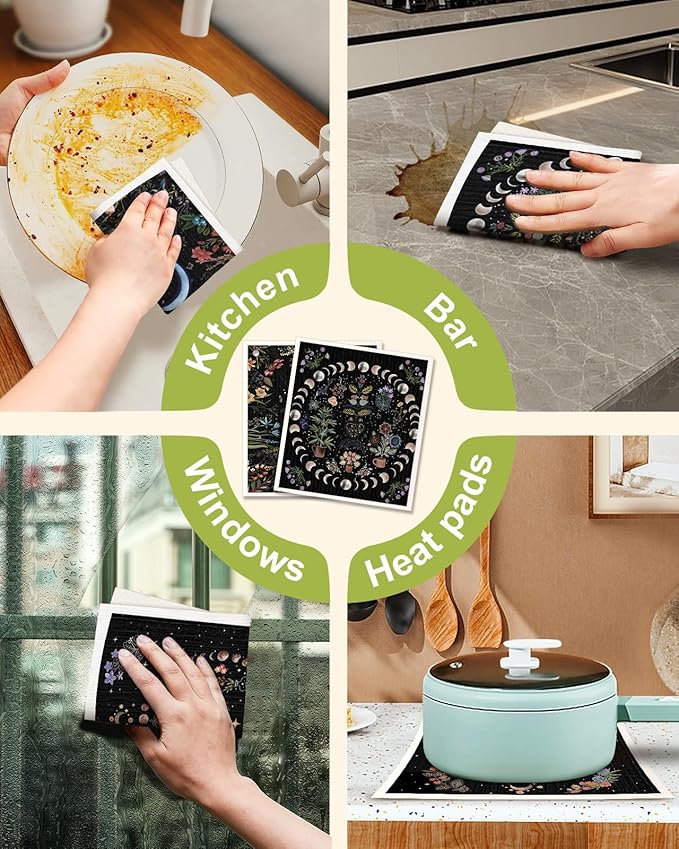 6 Pack Swedish Dishcloths for Kitchen - Reusable Dish Cloths for Washing Dishes Absorbent Cute Funny Kitchen Towels Cleaning Sponge, Moon Butterfly