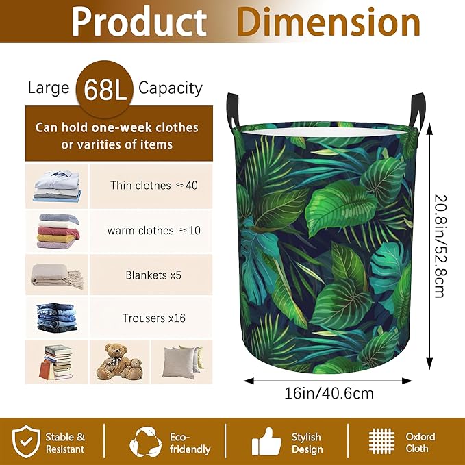 Exotic Tropical Leaves Plants Laundry Basket,Waterproof Foldable Laundry Hamper,Dirty Clothes Laundry Basket, Linen Bin Storage Organizer for Toy Collection 16" x 20"