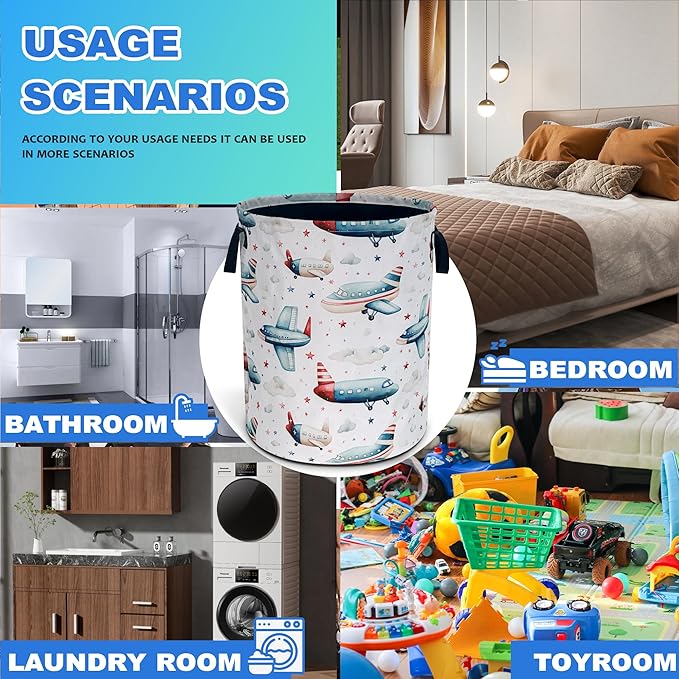 Airplane Laundry Basket Oxford Cloth Aircraft Cartoon Laundry Hamper With Handle Foldable Portable Clothes Storage Basket 18.9 X 16.5 In Storage Bag For Laundry Room/Bathroom/Bedroom/Dormitories