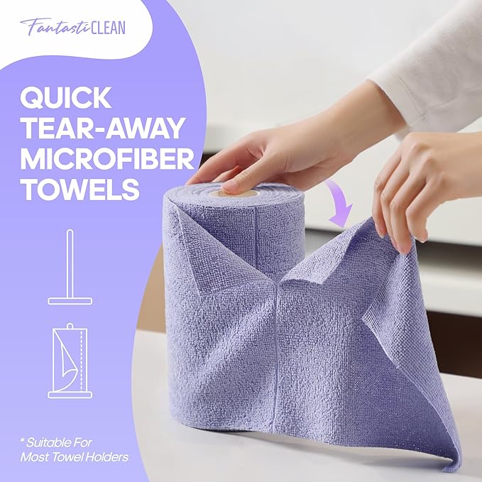 Fantasticlean Microfiber Cleaning Cloth Roll -60 Pack, Tear Away Paperless Towels, 8" x 8", Reusable Washable Rags, for Home Kitchen, Pet, Office, Indoor Outdoor, Compact and Portable (Light-Purple)