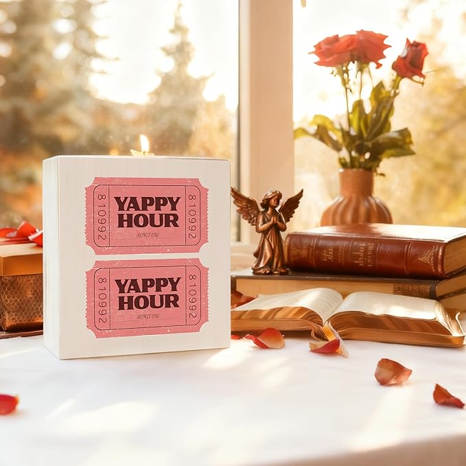 Yappy Hour Dog Party Bar Wooden Box Sign, Dog Lover Gifts, Retro Pink Ticket Pet Wood Signs for Bar Pub Cafe Restaurant Party Desk Table Shelf Decorations, 5x5 Inch