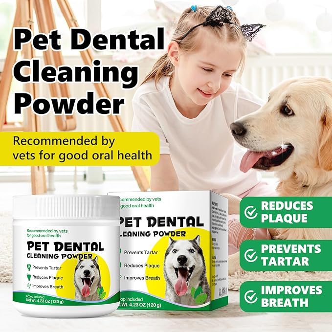 Dog Dental Powder with Probiotics & Green Tea, Natural Breath Freshener for All Small Medium Large Dogs, 120g