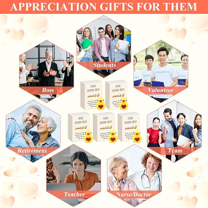 25 Set Employee Appreciation Gifts Bulk Coworkers Thank You Desk Pets Holiday Small Cute Emotional Support Resin Ornaments Card Box for Women Men Adults Office (Heart Duck)
