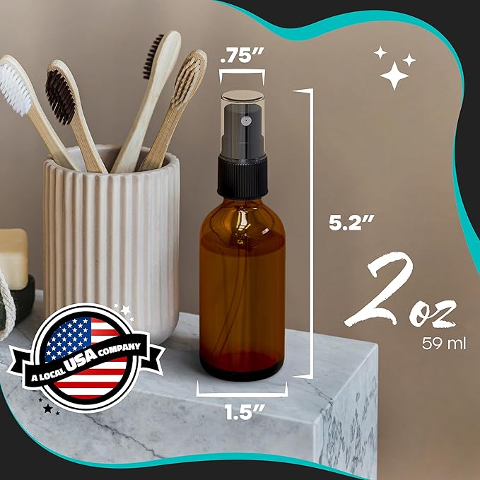 Nevlers 3 Pack Amber Glass Spray Bottles 2 Oz Set | Amber Spray Bottles with Shrink Wrap and Funnel | Leakproof Mister Bottle for Hair, Body, Fragrance, Hand Sanitizer & More