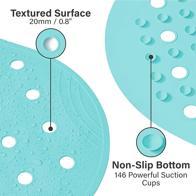 Rubber Bathtub Mat Shower Mat Non-Slip, 31x14 Inch, Bath Tub Floor Mat with Suction Cups and Drainage Holes, Turquoise