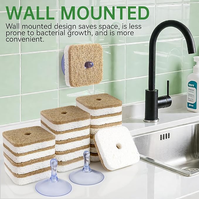 16 Pack Biodegradable Natural Kitchen Sponges, Compostable Cellulose & Coconut Square Scrubber, Dual Sided Dish Sponge for Washing Dishes, Eco Friendly