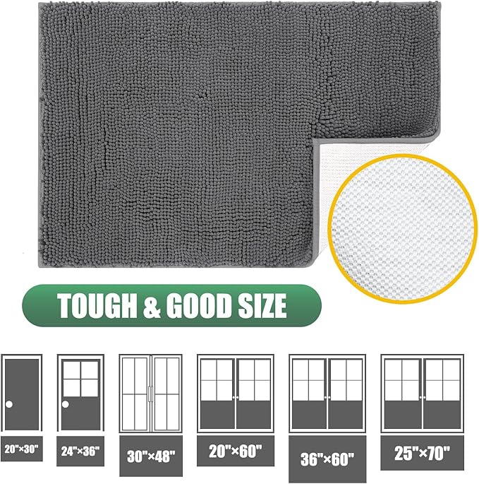 IM HOME 2 Pieces Chenille Absorbent Outdoor Doormat 30" x 20", Washable Muddy Door Mats for Dog Non Slip Indoor Doormats Dog Mat for Muddy Paw Front Inside Doormat for Entryway Grey