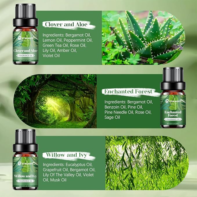 Fragrance Oils Set, Essential Oils for Diffuser for Home, Candle Sopa Making - Enchanted Forest, Willow and Ivy, Clover and Aloe, Fresh Bamboo, Scented Oil Gift Set