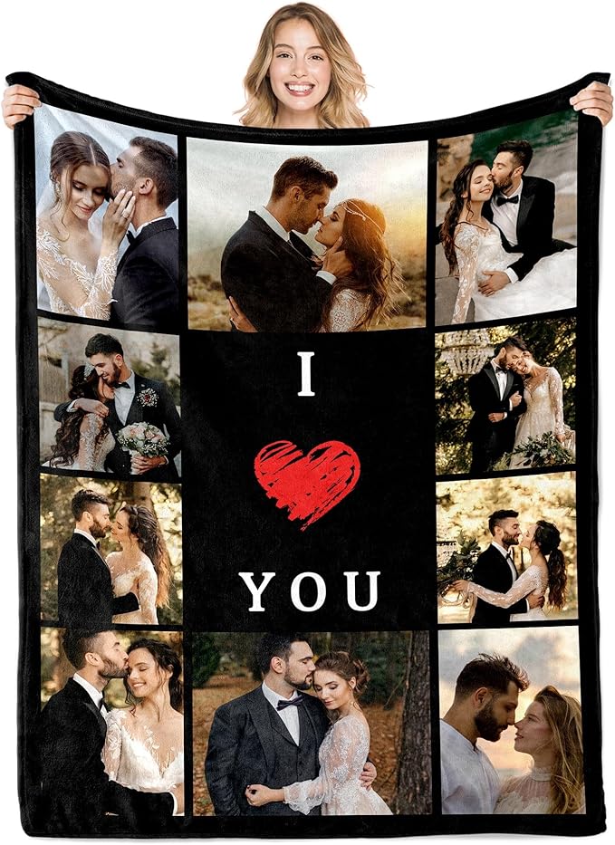 Ships Next Day Custom Photo Blanket for Valentine Day Personalized Thows Blanket with Picture I Love You Gifts for Couples Customized Gifts for Girlfriend/Boyfriend/Mom/Dad - Printed in USA