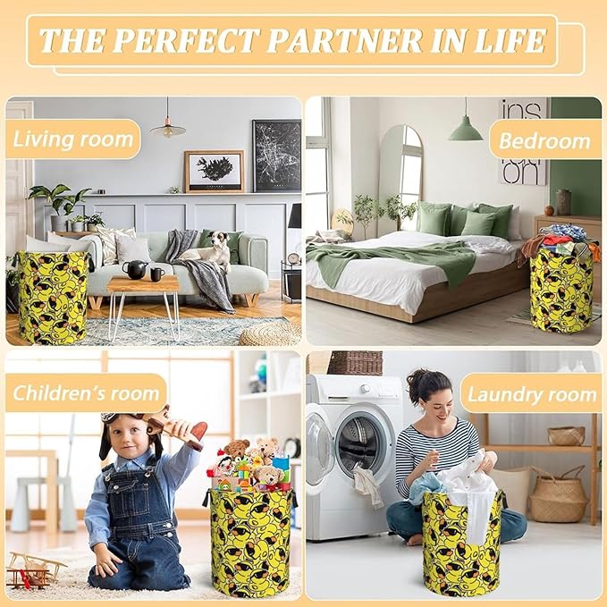 Cute Rubber Ducks With Funny Sunglasses Laundry Hamper Bag With Waterproof Liner - Round Laundry Basket Foldable Clothes Storage Organizer For Bathroom Bedroom Nursery Dorm, M-19.6"X 15.7"