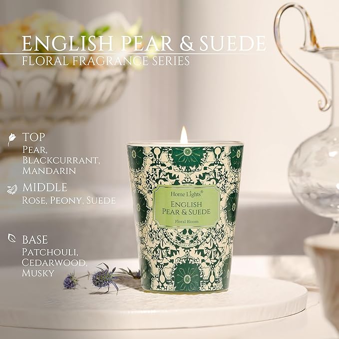 HomeLights Soy Wax Candles for Home Scented, 1-Wick Candles in English Pear & Suede Scented, Aromatherapy Candles Gift for Parties, Relaxing, Bohemian Natural Textures, 6.7oz