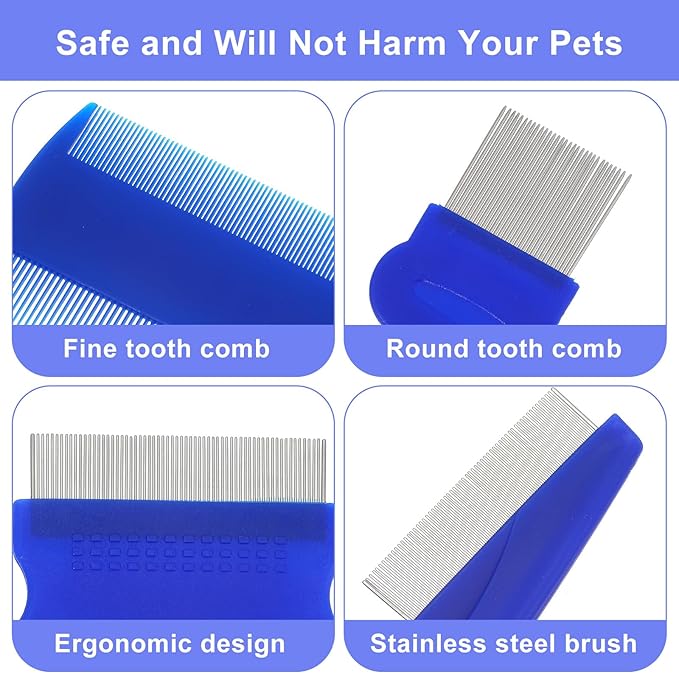 6-Pack Flea Comb for Cats Stainless Steel Lice Comb Set Dog Flea Brush Double-Sided Tear Stain Remover Pet Grooming Kit for All Types of Small Medium Large Pets (Blue)