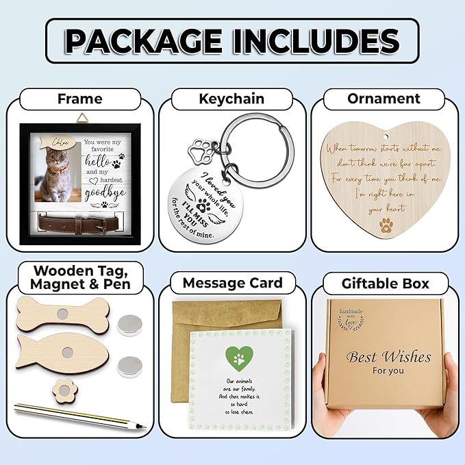 2-Sided Pet Memorial Frame with Collar Holder, Pet Memorial Ornament, Dog Cat Sympathy Card, Loss of Dog Paw Print Keychain, Remembrance Gift for Cat Lovers, Favorite Hello Hardest Goodbye PF225