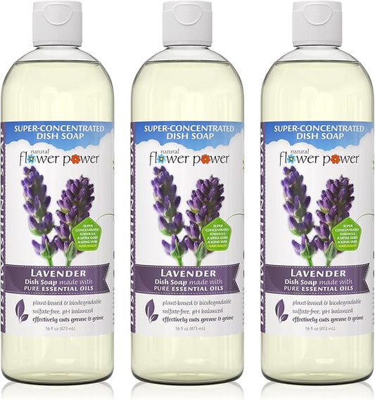 Natural Flower Power Liquid Dish Soap | Lavender 16 Fl Oz | Pack of 3 | Plant-Based & Scented w/ Pure Essential Oils | Natural Liquid Dishwashing Detergent | Sulfate-Free Kitchen Soap | Vegan