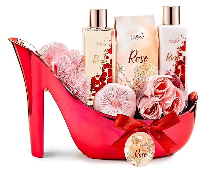 Freida & Joe Elegant 9-Piece Bath Set in High Heel Shoe – Luxurious Spa Gift Basket for Women, Includes Shower Gel, Body Lotion, Bath Salts, Soap Flowers, Bath Fizzer & Sponge (Rose)