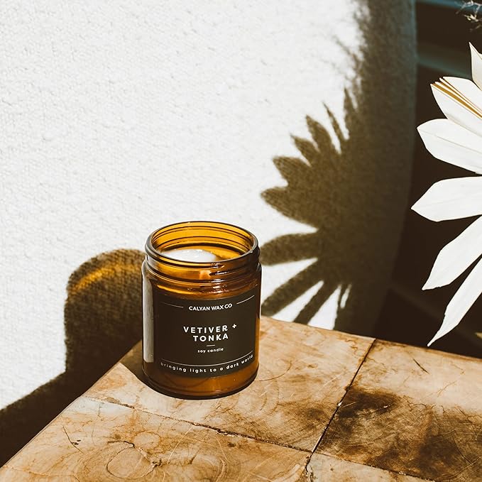 Calyan Wax Co. Soy Wax Candle, Vetiver + Tonka Scented Candle, 57 Hour Burn Time, Aromatherapy Soy Candles, Non Toxic & Vegan Soy Wax, Amber Glass Jar Scented Candles, 7.2oz