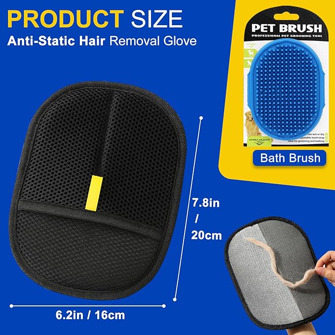 3-Pack Electrostatic Pet Hair Removal Gloves ,Magic Brush for Cats & Dogs,Dog Cat Hair Remover Gloves for Couch, Furniture, Carpet, Car Seat, Laundry - Reusable & Washable(2-Pack Gloves + 1 Brush)