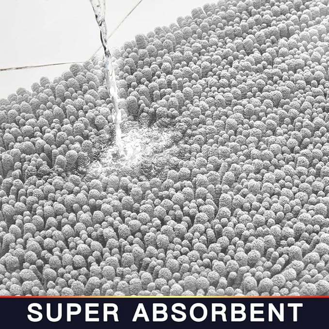 Walensee Bathroom Rug Non Slip Bath Mat (24x17 Inch Light Grey) Water Absorbent Super Soft Shaggy Chenille Machine Washable Dry Extra Thick Perfect Absorbant Best Small Plush Carpet for Shower Floor