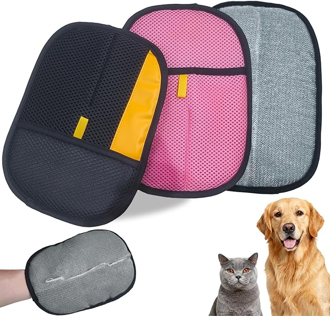 2Pcs Pet Hair Removal Gloves - Large Size Electrostatic Reusable Grooming Glove for Dog Cat Shedding, Washable Fur Remover for Furniture & Laundry (Black/Yellow + Pink)