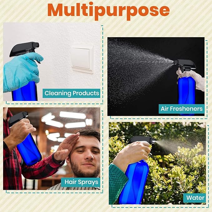 Blue Glass Spray Bottles For Cleaning Solutions (4 Pack) - 16 Ounce, Refillable Sprayer for Essential Oil, Water, Kitchen, Hair. Durable Black Trigger Sprayer w/Mist and Stream Settings (Blue)