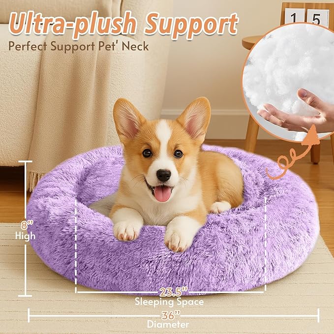 JOLLYVOGUE Small Dog & Cat Beds for Indoor Cats, Donut Cuddler Warming Soft Dog Beds with Anti-Slip Bottom, Round Calming Fluffy Plush Faux Fur Cushion Bed for Large Dogs (36", Purple)