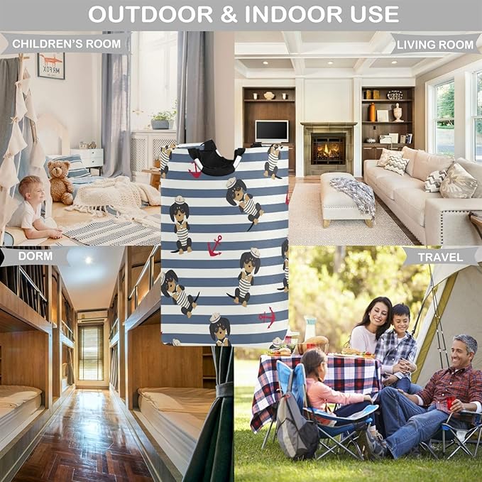 visesunny Collapsible Laundry Basket Dog Sailor Animal Anchor Blue Stripe Large Laundry Hamper with Handle Toys and Clothing Organization for Bathroom, Bedroom, Home, Dorm, Travel