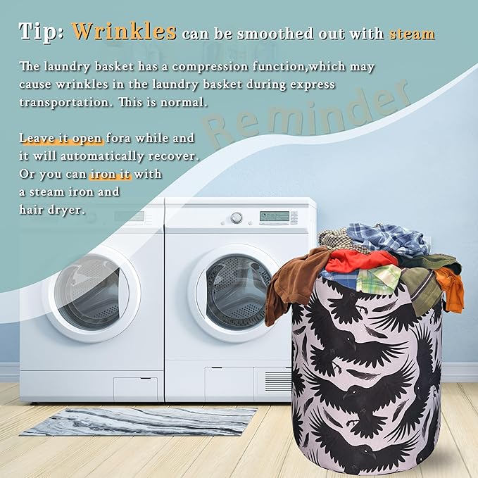 Black Birds With Feathers Laundry Hamper With Handles Foldable Oxford Cloth Goth Style Tote Bag Funny Laundry Basket Clothes Toy Storage Bucket 18.9"x16.5" For Bathroom/Laundry/Bedroom