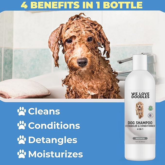 We Love Doodles Dog Shampoo, Conditioner, & Detangler - Shampoo for Dogs, Goldendoodles, Poodles & Doodles, for Matted Pet Hair & Sensitive Skin, Made in The USA, Unscented, 16 oz