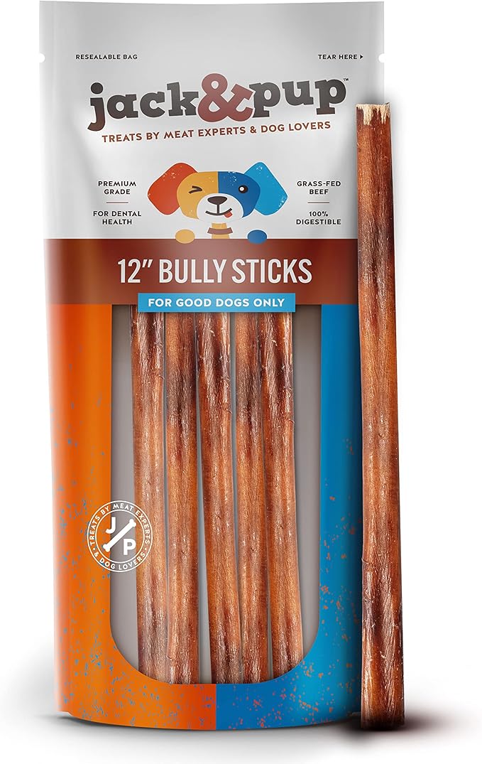 Jack&Pup 12 Inch Bully Sticks for Medium Dogs (5 Pack) Long Lasting Pizzle Sticks for Dogs | Single Ingredient, 100% Beef