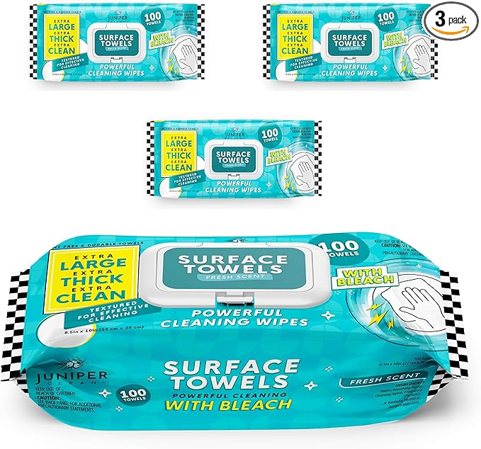 3 Packs Surface Wipes with Bleach, Thick & Large Dispose, All-Purpose Cleaner for Bathroom, Kitchen, Office, 300 Count Soft Flow, Biodegradable, Fresh Scent