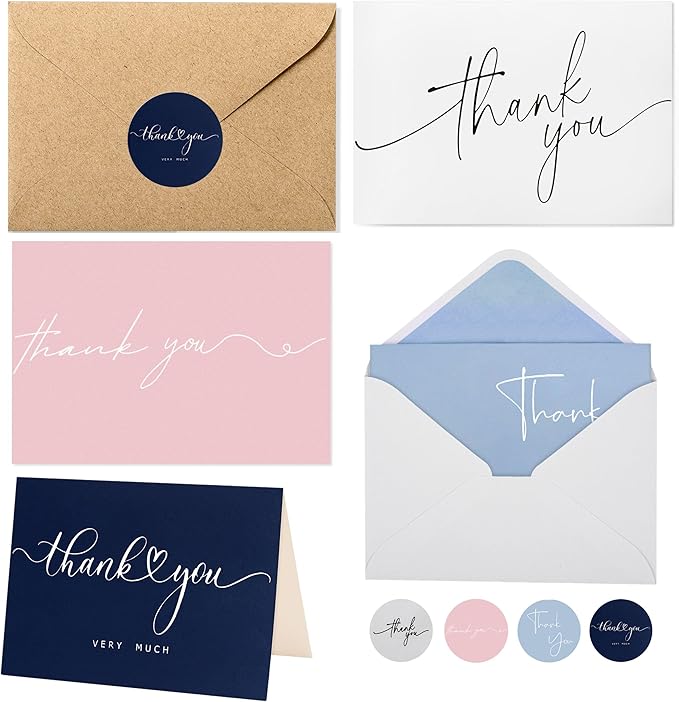 100 Multicolored Thank You Cards with Kraft Envelopes and Stickers - 4 Modern Designs for Wedding, Graduation, Business, Baby Shower